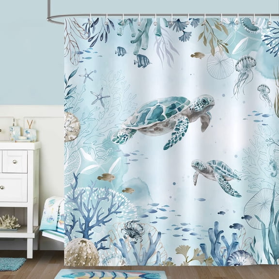 Sea Turtle Shower Curtain for Bathroom Teal Blue Ocean Beach Coastal Decorative Bath Curtain 72 x 72 Inch Curtain with 12 Hooks