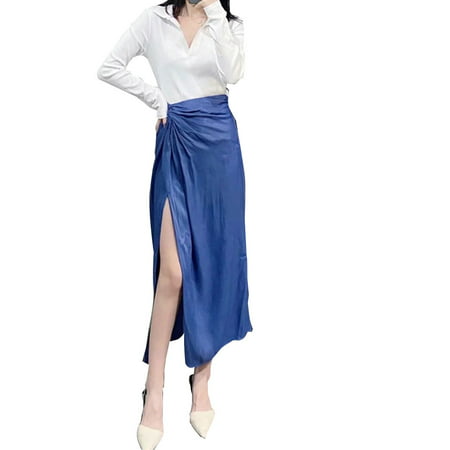 

SIEYIO Women High Waist Satin Midi Long Skirt Ruched Twist Knotted Asymmetrical Hem Sexy High Split Solid Color Party Clubwear