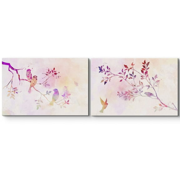wall26 Canvas Print Wall Art Set Watercolor Pink & Purple Bird Silhouettes Animals Wildlife Illustrations Modern Art Chic Colorful Rustic Nature for Living Room, Bedroom, Office - 24"x36&quo