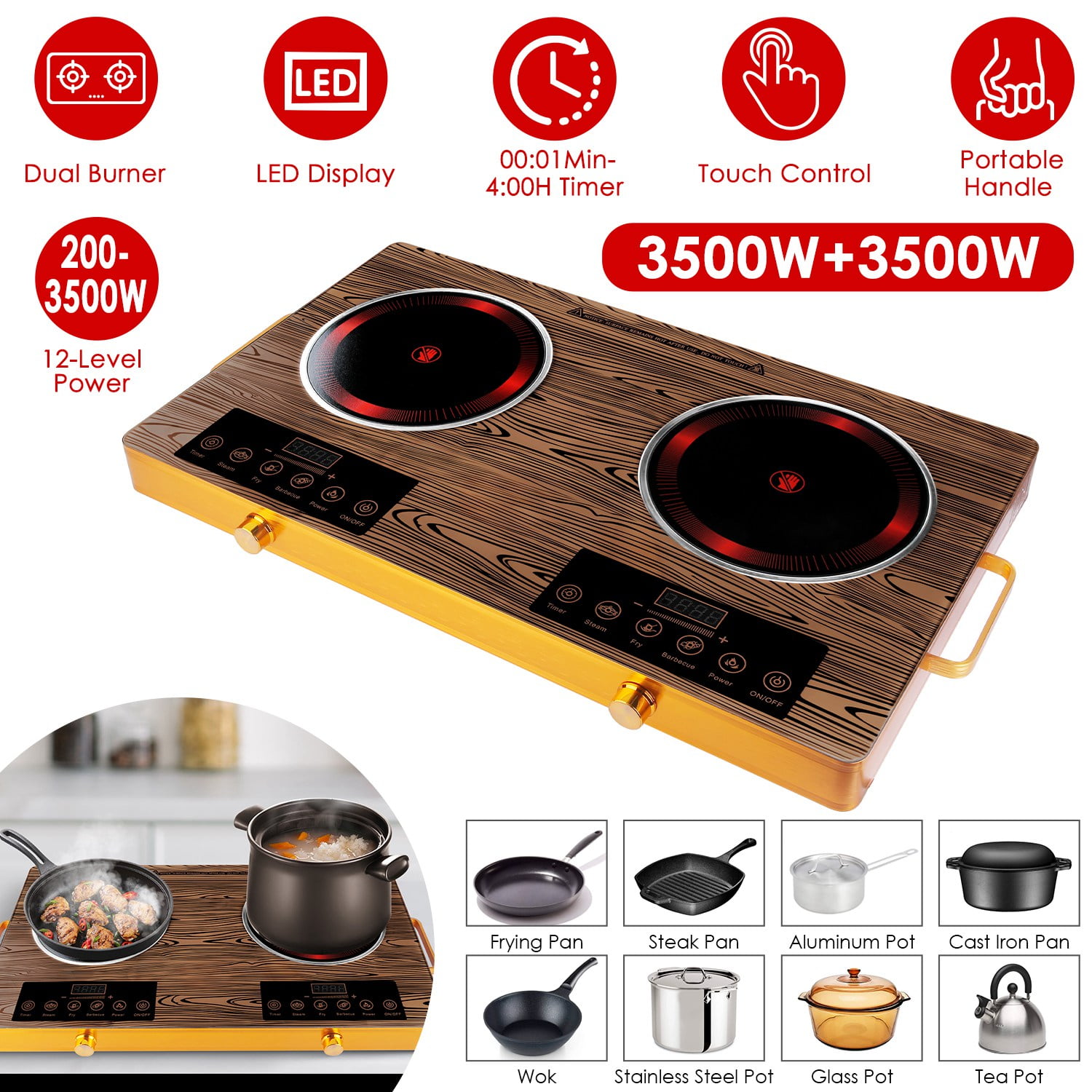7000W Portable Double Burner Hot Plate Infrared Electric Stove with 11 Power Levels LED Display Easy-to-Clean Wood