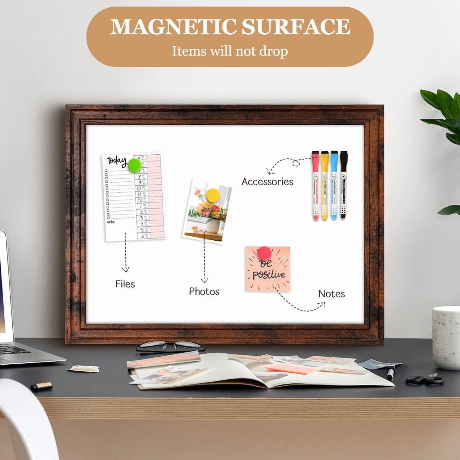 DOLLAR BOSS Large Magnetic Dry Erase Whiteboard, 36"x24" Magnetic Whiteboard for Wall Vintage Wood Frame Wall-Mounted White Board Decorative Notice Board for,Office,Home with 4 Markers & 8 Magnets