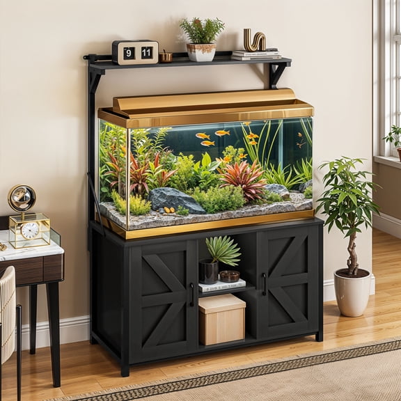 Uforic 120 gal Fish Tank Stand w Shelf and Cabinet, 1100 lbs Capacity, Power Outlets, Metal, Black