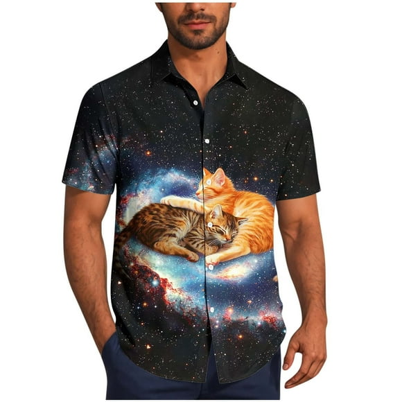 Short Sleeve Printed Button Down Shirt for Men, Turndown Collar, Polyester Fabric, Lightweight Summer Casual Wear, Breathable, Fade Resistant