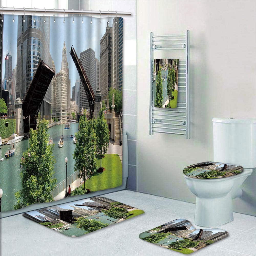 Prtau United States Downtown Chicago Illinois Finance Business Center Lake Michigan Avenue Bridge 5 Piece Bathroom Set Shower Curtain Bath Towel Bath Rug Contour Mat And Toilet Lid Cover Walmart Com