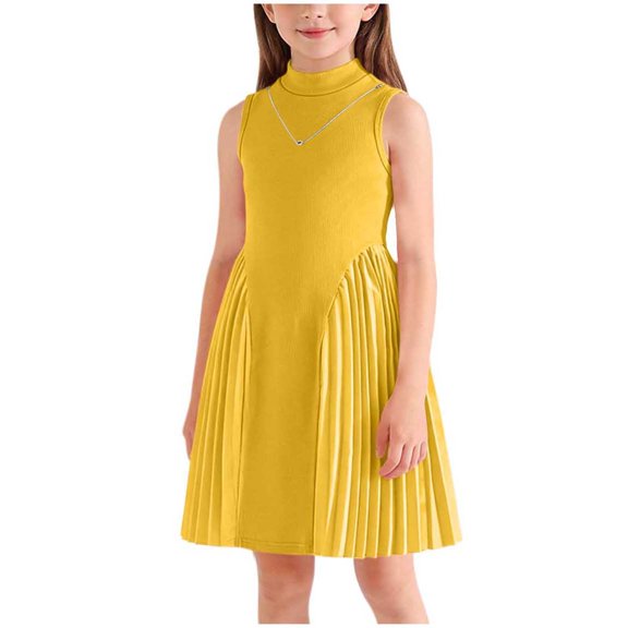 Levmjia Girls Dress 2-8 Years Sleeveless Solid Color Mock Neck Casual Comfortable Kids Dress With Necklace Knit Pleated Girls Outfit