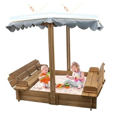 Gowoodhut Wooden Sandbox with Lid, Kids Sandbox with Cover Outdoor, Sandbox with 2 Foldable Bench Seats for Backyard