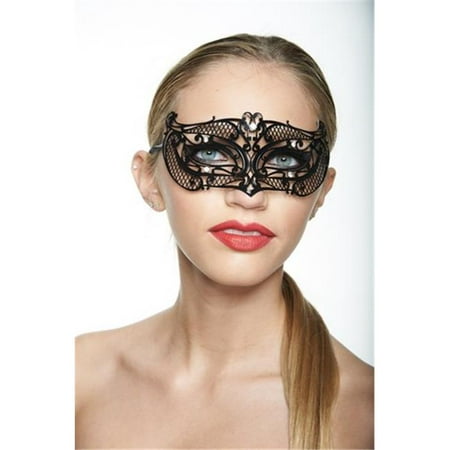 Black Luxurious Laser Cut Metal Masquerade Mask with Clear Rhinestones - One Size
