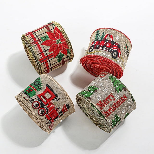 Vaidha Christmas Wired Ribbon Snowman Santa Claus Xmas Tree Truck Ribbon Plaids Xmas Decorative Gift Wrapping Ribbon For DIY Crafts Wreath Bow