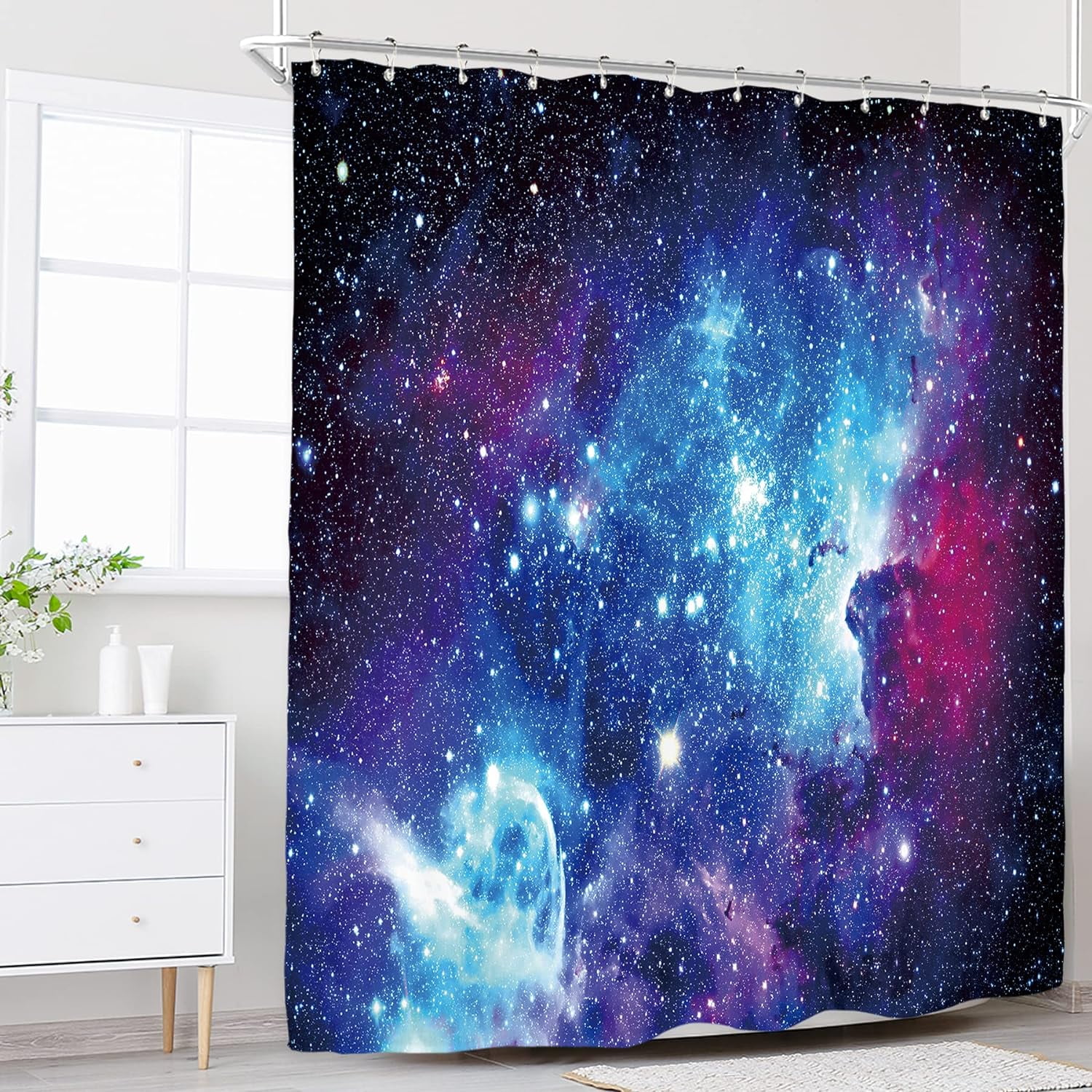 Galaxy Cool Outer Space Shower Curtain for Bathroom Decor 72Wx72H Nebula Universe Blue Starry Planets Magical Mysterious Fantasy Art Printed Fabric Polyester Waterproof 12 Pack Plastic Hooks