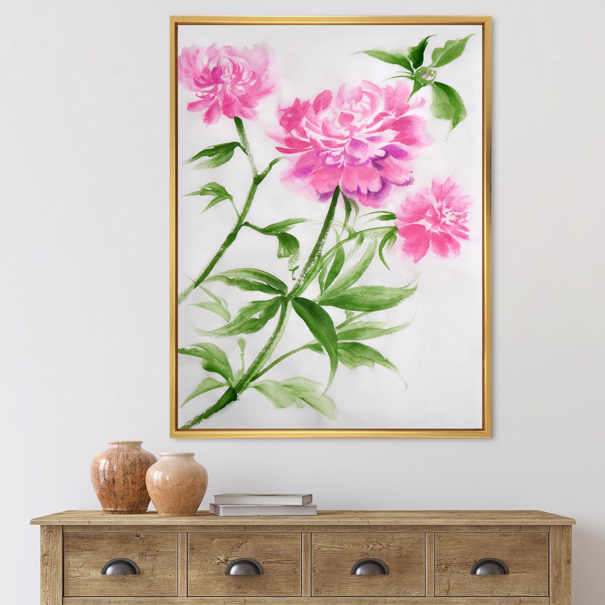 Designart 'Purple Peonies With Green Bush II' Traditional Framed Canvas Wall Art Print
