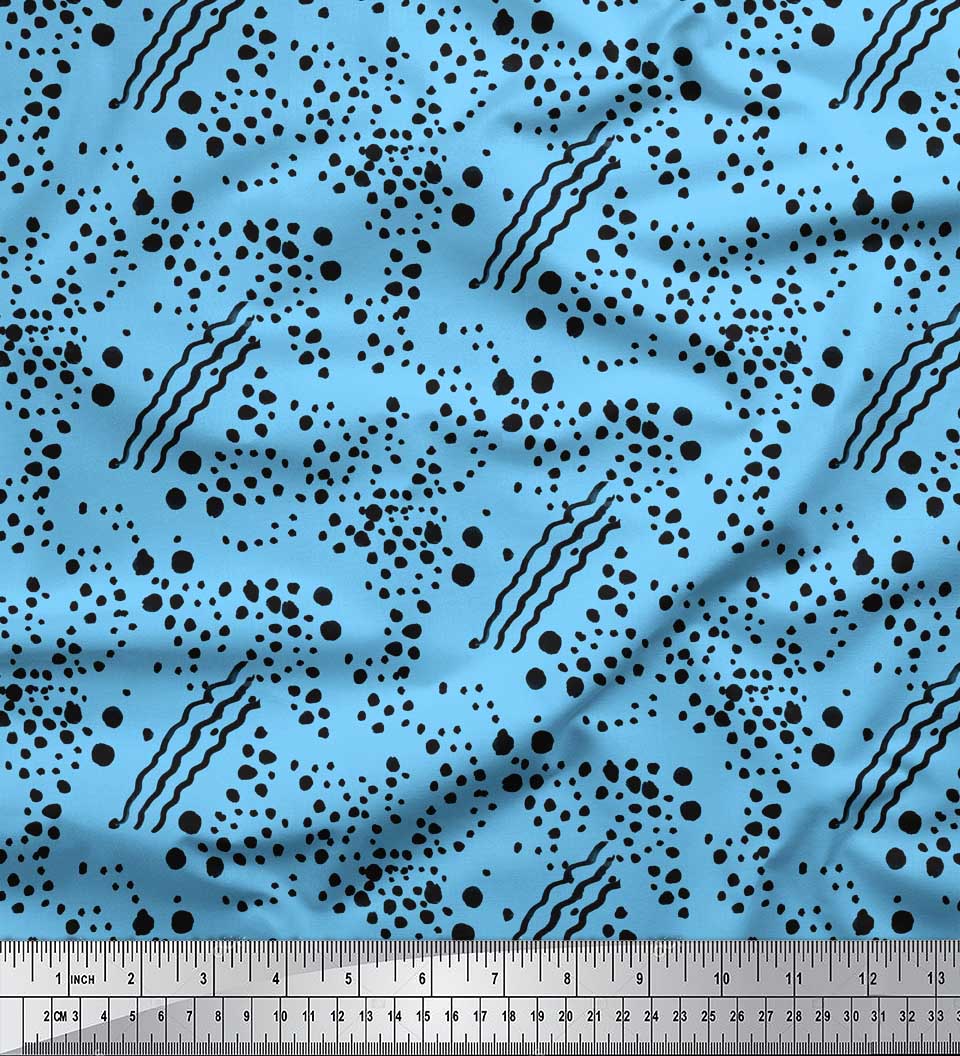 Soimoi Blue Heavy Satin Fabric Brush Stroke & Dots Abstract Decor Fabric Printed Yard 54 Inch Wide