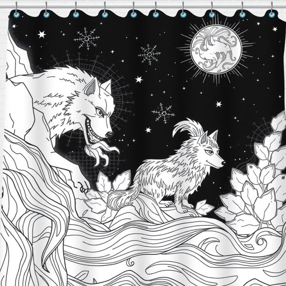 Mystical Shower Curtain - Black & White Illustration with Starry Sky & Moon for Bathroom Decor