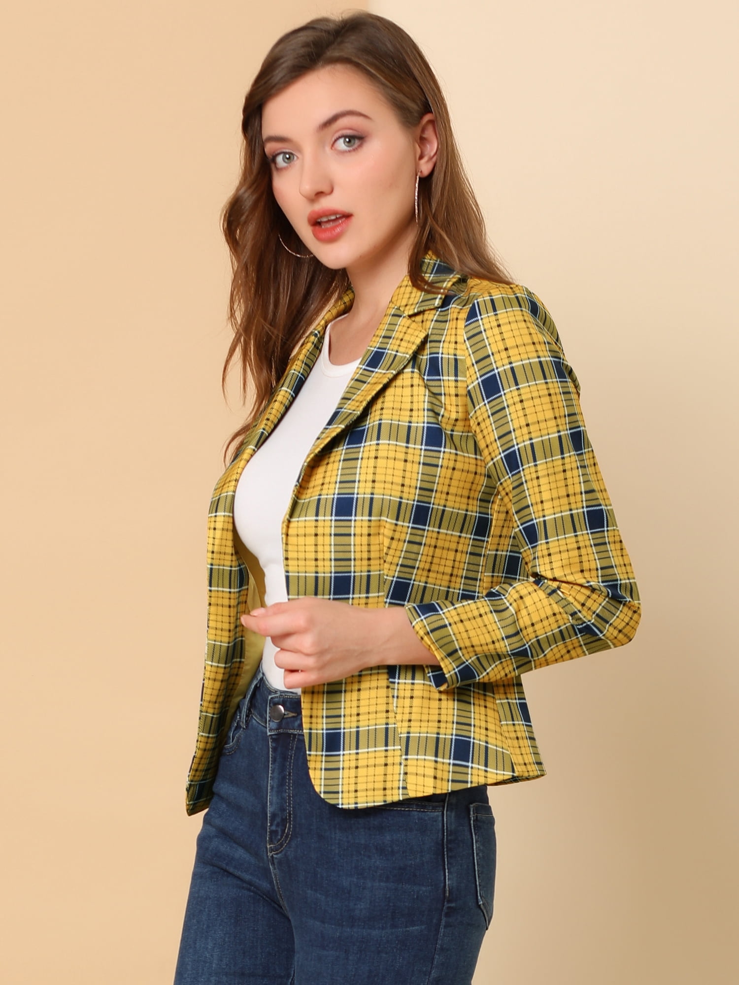 DARING DIVA Women's Elegant Notched Lapel Floral Print Blazer 2XL Yellow-Plaid