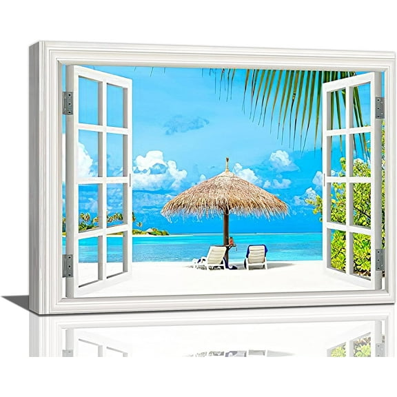 Beach Wall Art Seaside Pictures Wall Window Beach Vacation Canvas Painting Print Artwork Painting Art, Dining Room Wall Decor Ideas, Art Deco Frameless 8x10inch