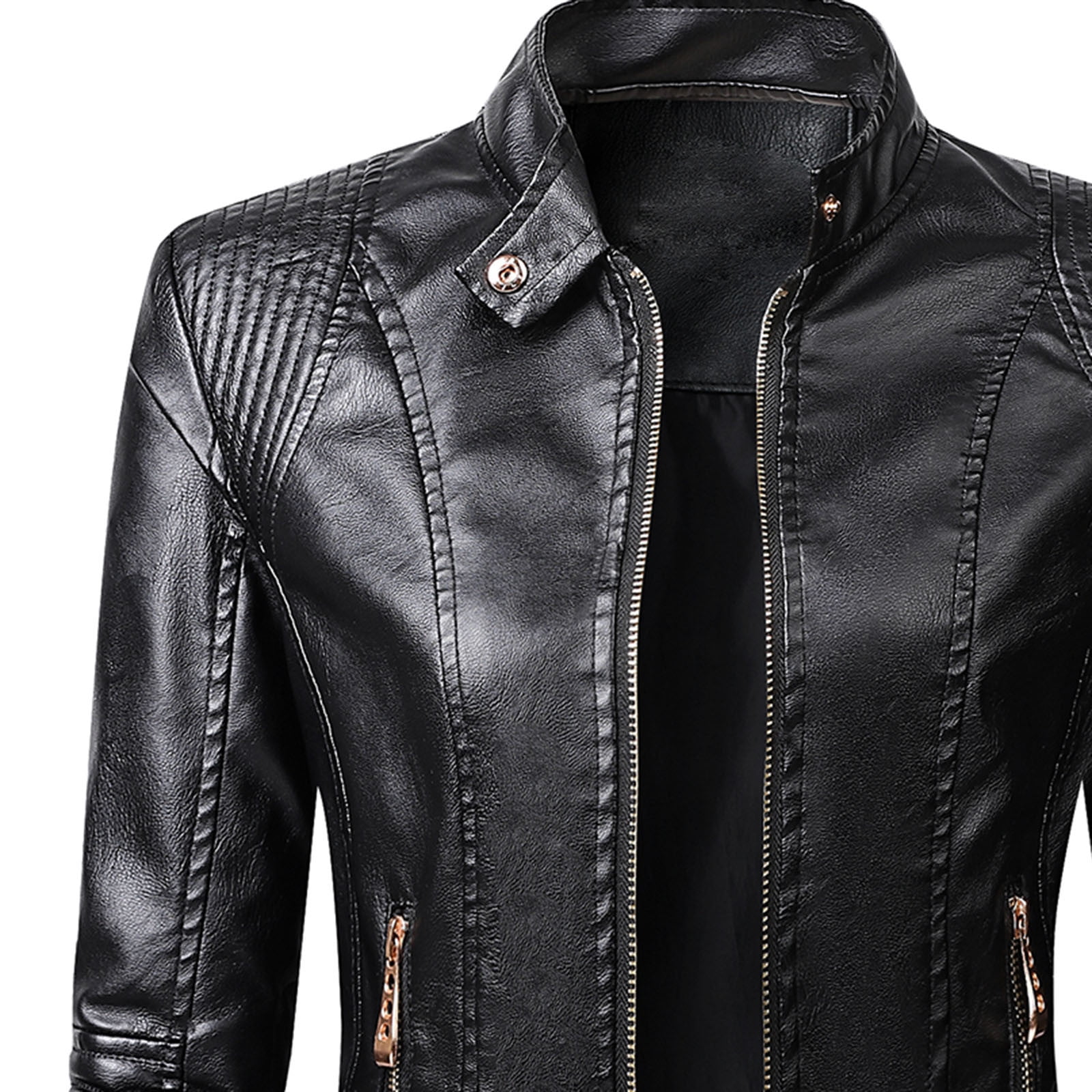 Lovskoo Women Faux Leather Jacket Moto Biker Coat Trendy Jacket Solid Long Sleeve Zipper Pocket Outerwear Tops Short Coat Black