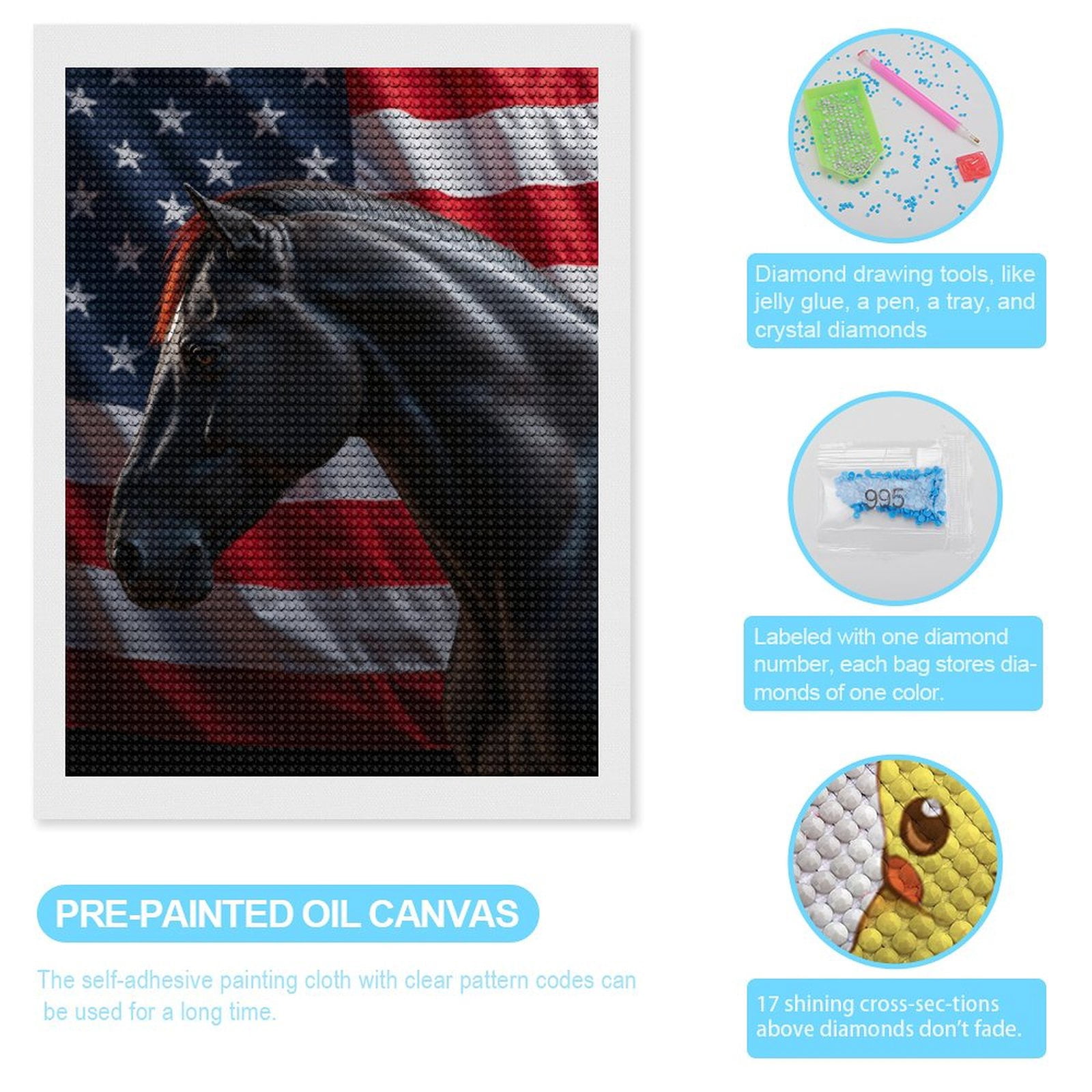 Diamond Art Kits for Adults, Black Horse American Flag Background 5D Diamond Painting Kits for Adults Beginners, DIY Full Drill Diamond Painting, Gem Art and Crafts 12x16