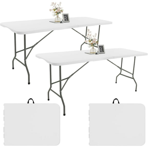 2-Pack 6-Foot Folding Table, Folds in Half, Portable Plastic Rectangular Table with Handles, White