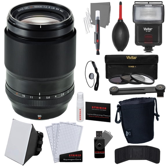 FUJIFILM XF 90mm f/2 R LM WR Lens Bundle with Striker Deluxe Photo Starter Kit (11 Pieces) + 3-Piece Multi-Coated HD Filter Set + Lens Pouch | Large + Vivitar SF-4000 Flash with Bracket + Universal S