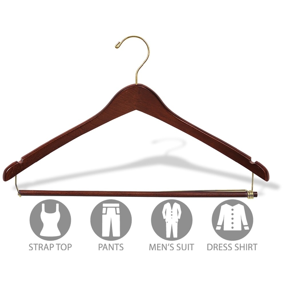International Hanger, Walnut Wood Curved Suit Hanger w/Locking Bar, Brass Swivel Hook, 100 Pack