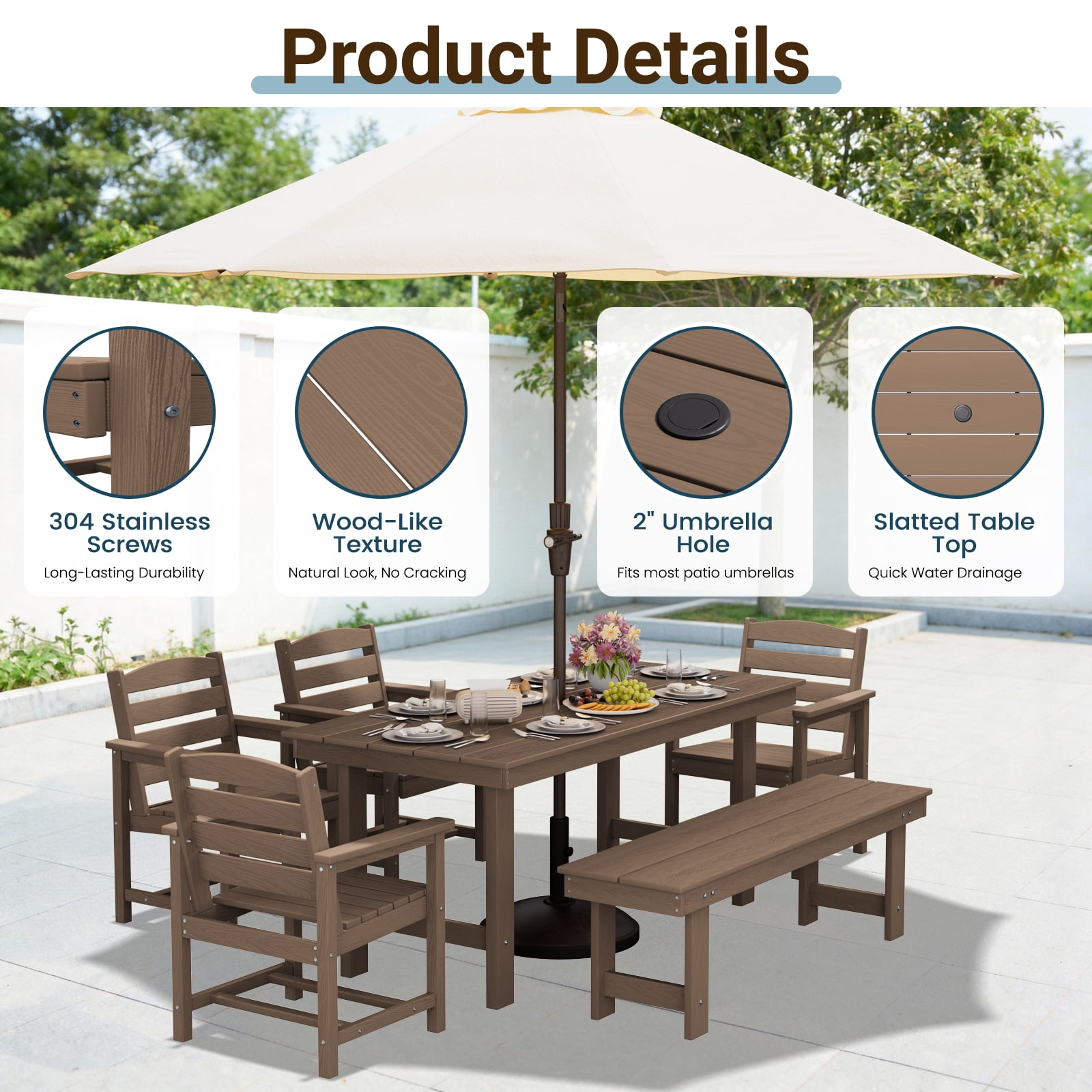 LOYALICE 6 Pieces Patio Furniture Set, HDPE Outdoor Dining Table Set with 1 Bench, 4 Chairs, Durable and Weather-Resistant for Patio, Garden and Balcony Use, Brown