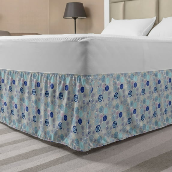 Doodle Bed Skirt, Abstract Snowflakes Pastel Background Winter Celebration Theme Christmas, Elastic Bedskirt Dust Ruffle Wrap Around for Bedding Decor, 4 Sizes, Beige Aqua Blue, by Ambesonne