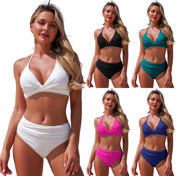 2 Piece Set Bikini Swimwear Womens Hollow Out V Neck Swimsuit Top with Swim Bottoms Separates Bathing Suit White L