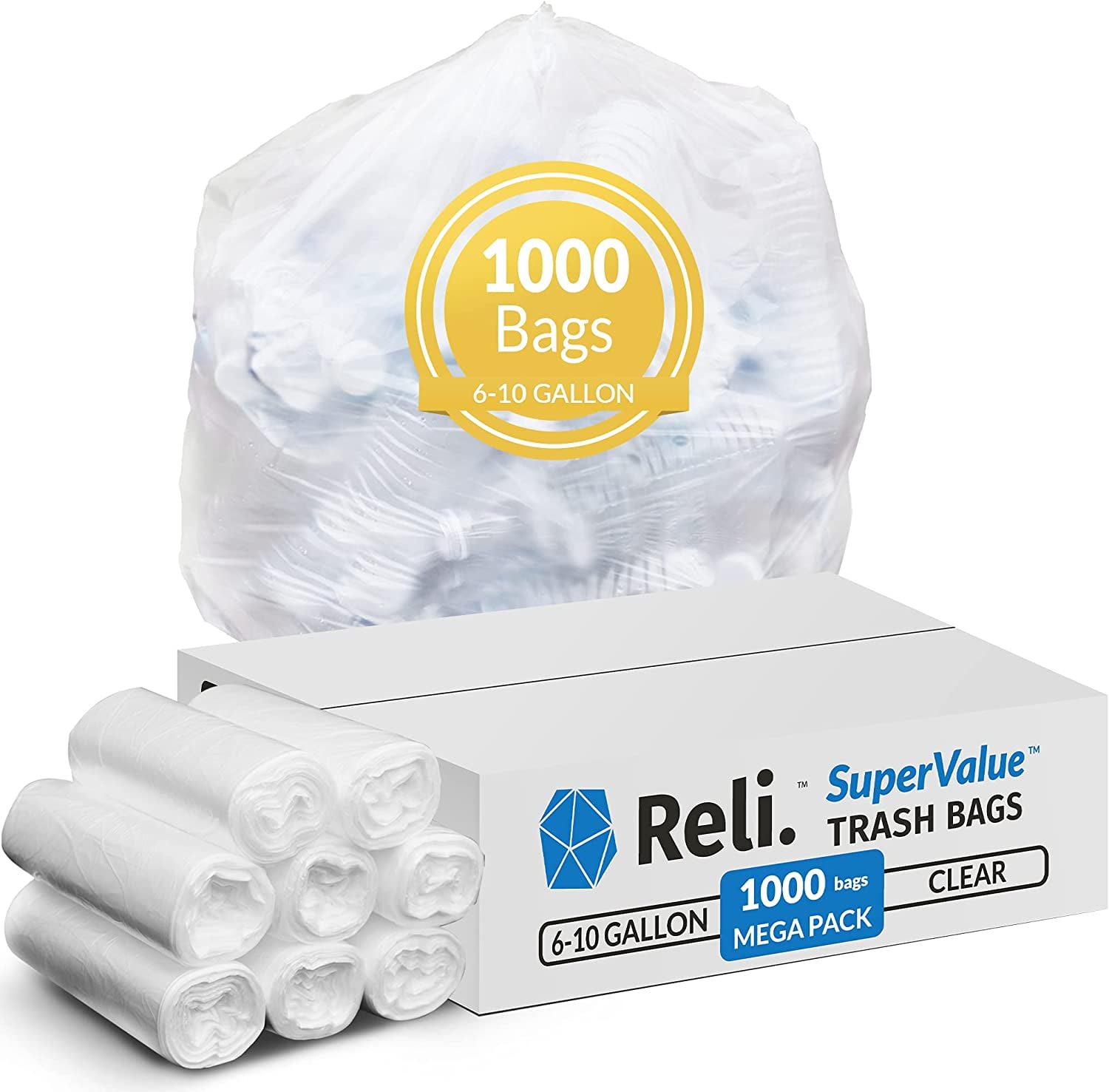 Plasticplace 7-10 Gallon High Density Trash Bags, 1000 Count, Clear