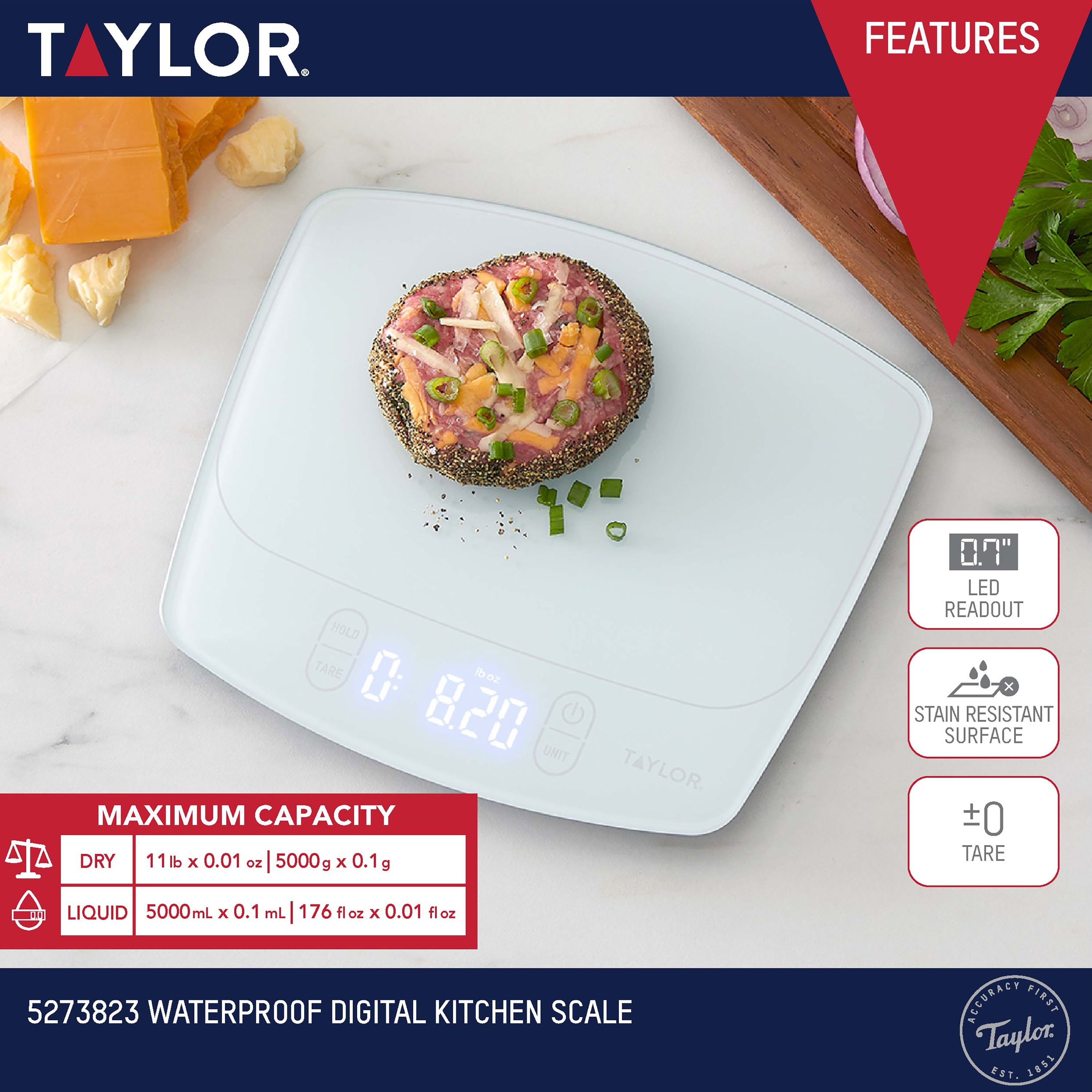 Taylor 11lb Digital Kitchen Scale and Food Scale with Removable Stainless Steel Tray Cooking, Baking, Meal Prepping White 5273821