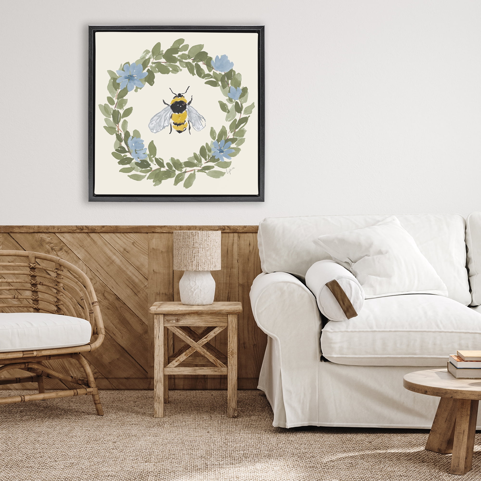 Stupell Industries Floral Wreath Bee Celebration Black Framed Floater Canvas Wall Art, design by Lucille Price