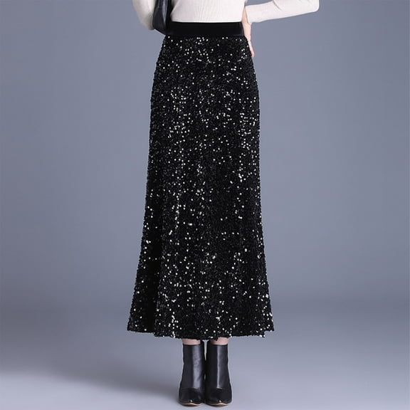 Maoxin Women's Skirts Women's Fashionable Solid Color Sparkling Fish Tail Skirt High Waist Slim And Hip Hugging Skirt Mid Calf Skirt ,Black,S