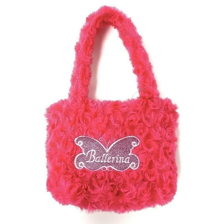 - Girls Hot Pink Fuzzy Velvet Glitter Butterfly Ballerina Applique Purse