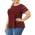 thumbnail image 4 of Agnes Orinda Women's Plus Size Tops Lace Panel Hollow Short Sleeves Spring Summer Solid Blouses 3X Wine Red, 4 of 7