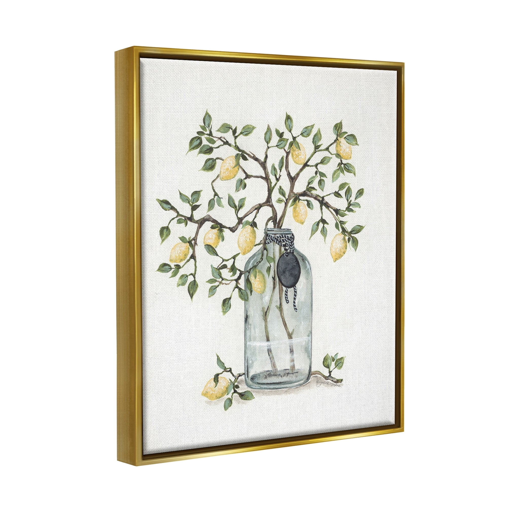 Stupell Industries Dangling Country Lemon Branches Decorated Glass Vase Painting Metallic Gold Floating Framed Canvas Print Wall Art, Design by Julie Norkus