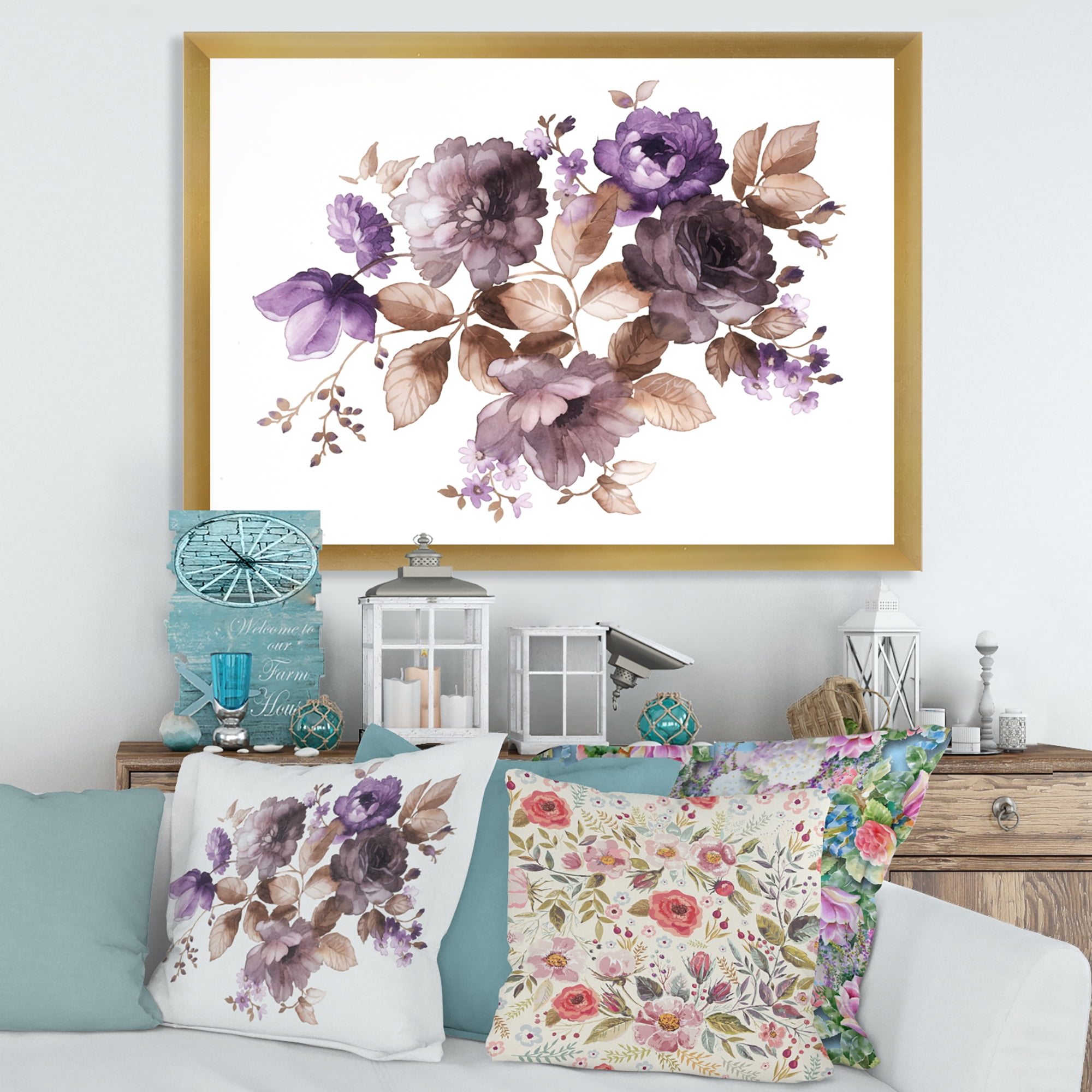 Designart 'Purple Retro Flowers With Brown Leaves On White' Traditional Framed Art Print