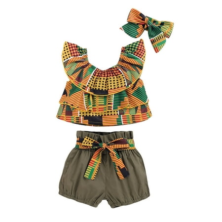 

Hirigin Little Girls Summer Suit Sleeeveless Ruffle Tops Elastic Waist Shorts Headband