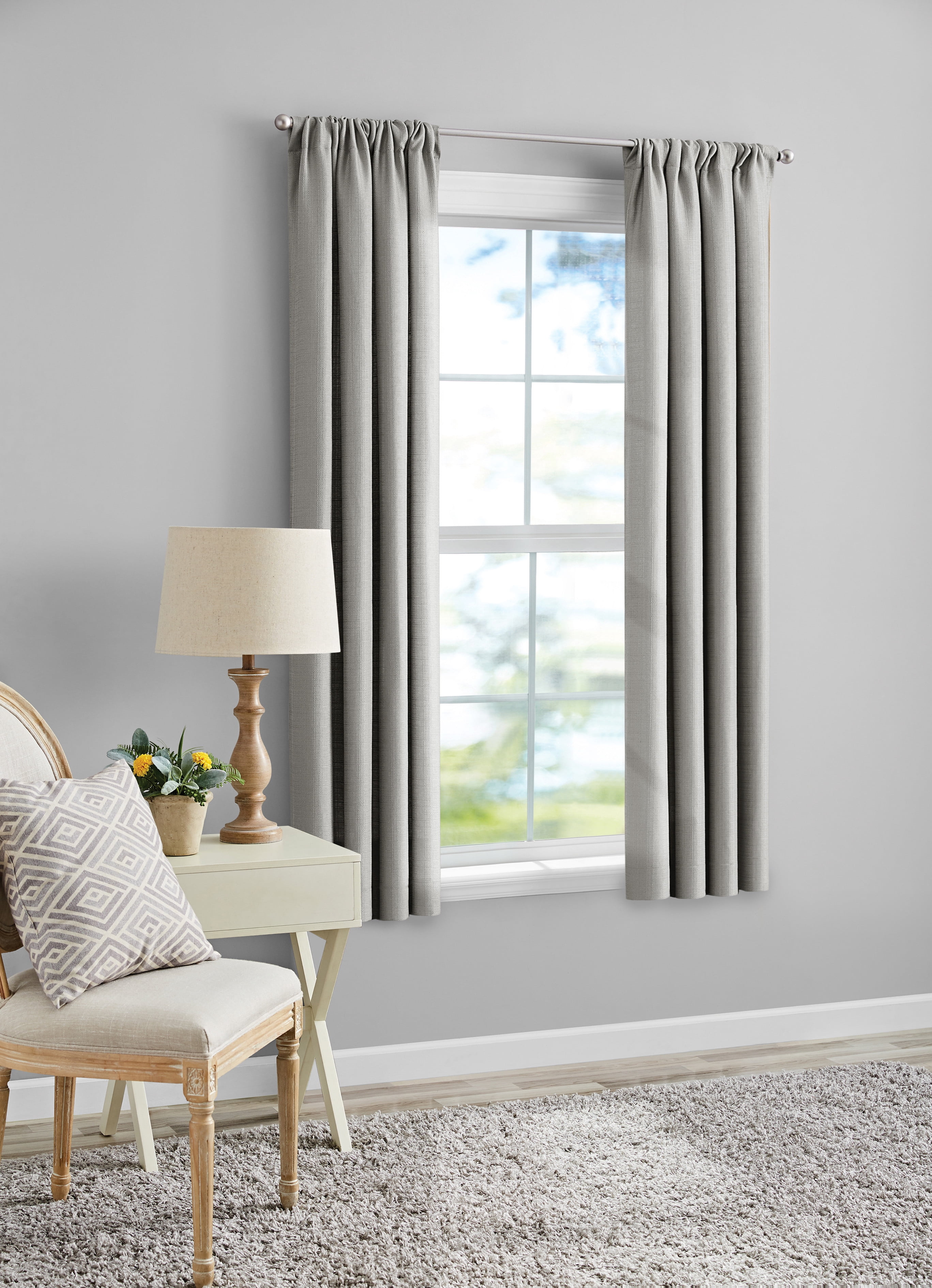 (2 pack) Mainstays Southport Light Filtering Rod Pocket Textured Curtain Panel, Set of 2, Silver, 40” W x 63” L