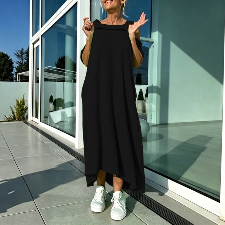 oversized lounge dress Oversized Cold Shoulder Maxi Dress for Women Summer Short Sleeve Baggy  Lounge Vacation Dresses with Pockets
