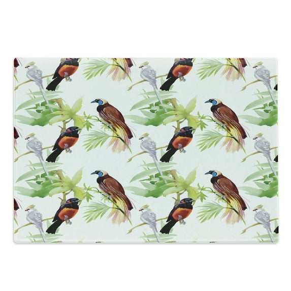 Tropical Cutting Board, Watercolor Style Pattern of Exotic Birds and Green Leaves Island Flowers, Decorative Tempered Glass Cutting and Serving Board, in 3 Sizes, by Ambesonne