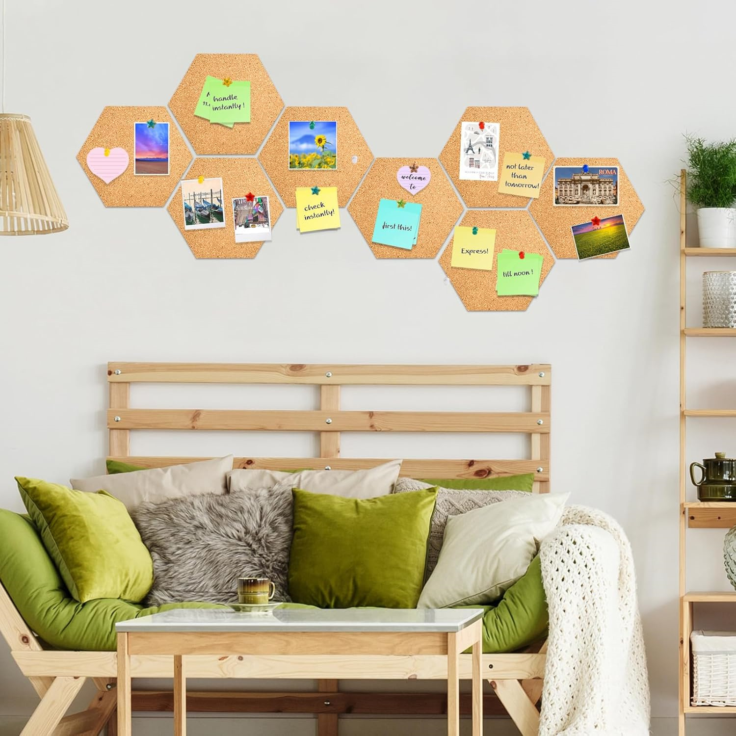 6 Pieces Hexagon Cork Board for Walls,Bexikou 20 x 17.5cm Cork Board Tiles,Self Adhesive Bulletin Board with 100 Pcs Push Pins for Pictures, Photos, Notes, Drawing, Memo