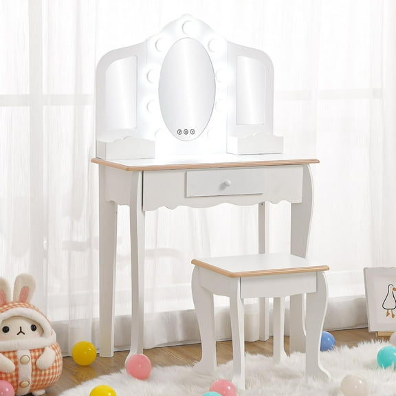 Pretend Play Kids Vanity Set with Mirror and Stool,Kids Vanity with 3 Mirror & Light,Brightness Adjustable,Kids Make Up Vanity Desk for Little Girls,Children Makeup Dressing Table with Drawer