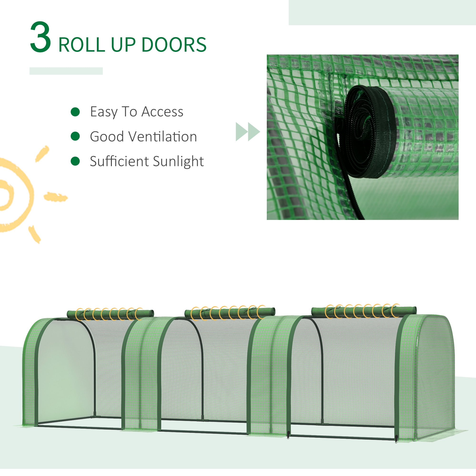 Outsunny Portable Tunneled Greenhouse with 3 Zippered Doors, PE Cover