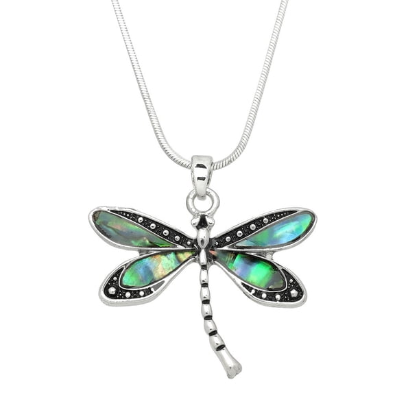 Dragonfly Pendant Necklace Earring Abalone Shell Rhodium Plated 17 Inch Snake Chain J0730