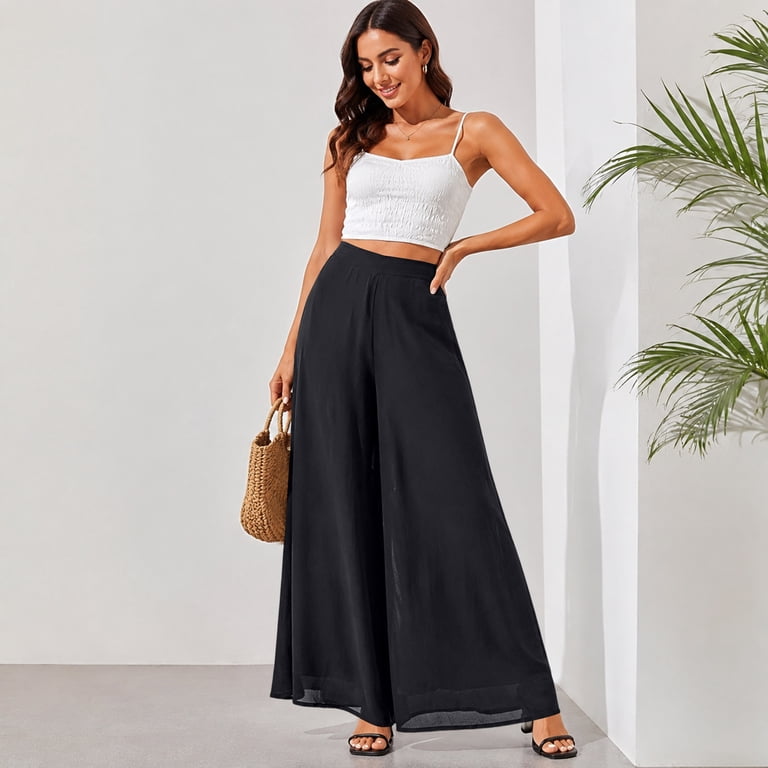 black chiffon dress pants Dwellite Women's Wide Leg Dress Pant Chiffon Dress Elastic Waist Trouser  with Pockets 2026 Black 2XL