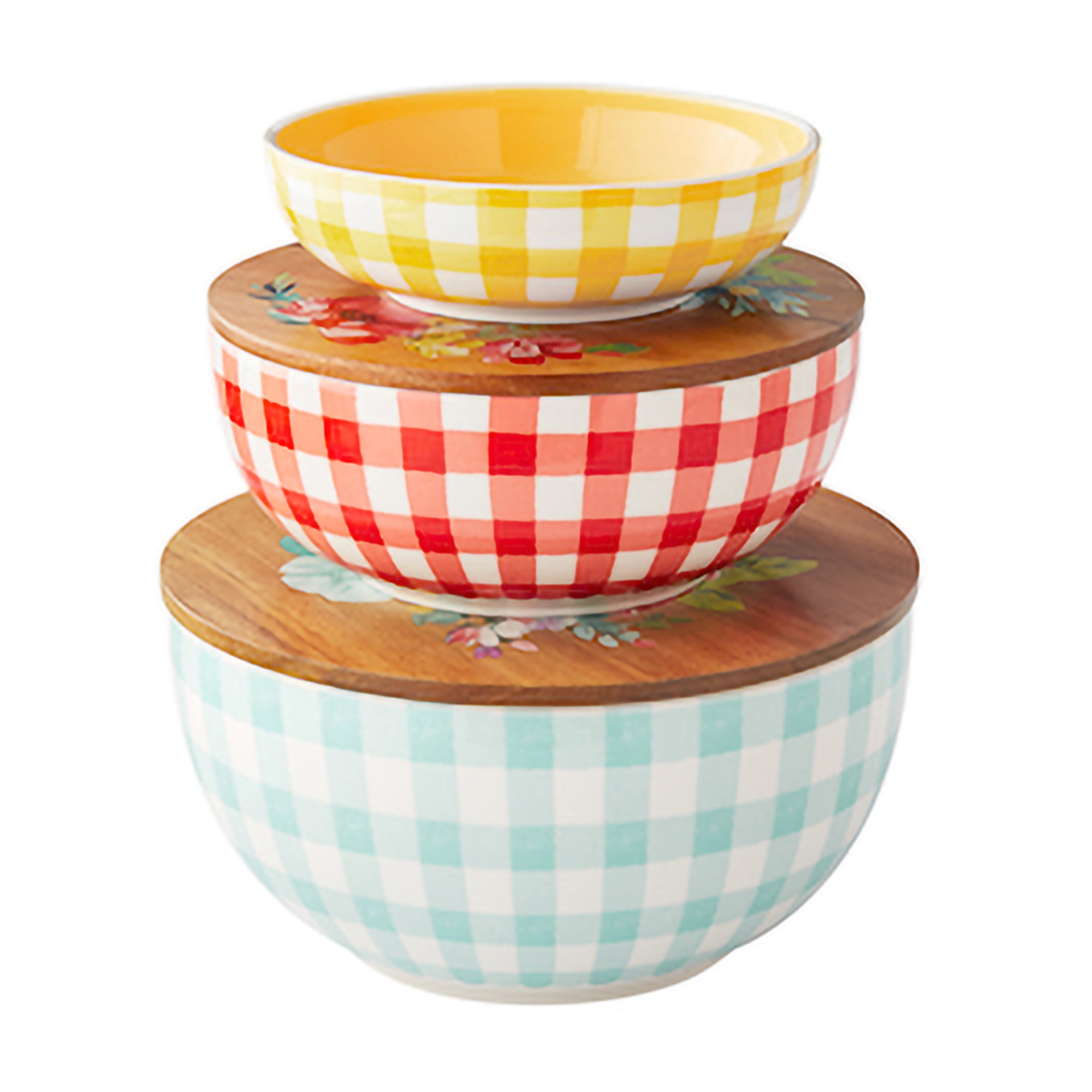 The Pioneer Woman Gingham Print Ceramic Bowls with Lid, Grid Pattern, 3