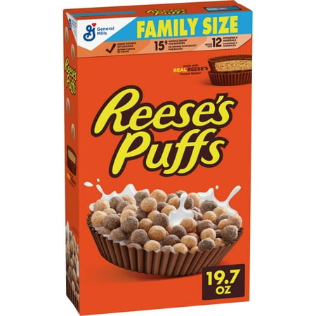 REESE'S PUFFS Breakfast Cereal, Chocolatey Peanut Butter Cereal, Family Size, 19.7 oz