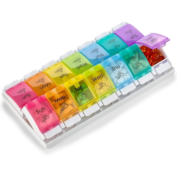 7 Day AM PM Pill Organizer - with Push Button Assisted Open a Daily Travel Pill Box Case Planner and Large Compartments for Medication Vitamins Fish Oil & Supplements, BPA Free