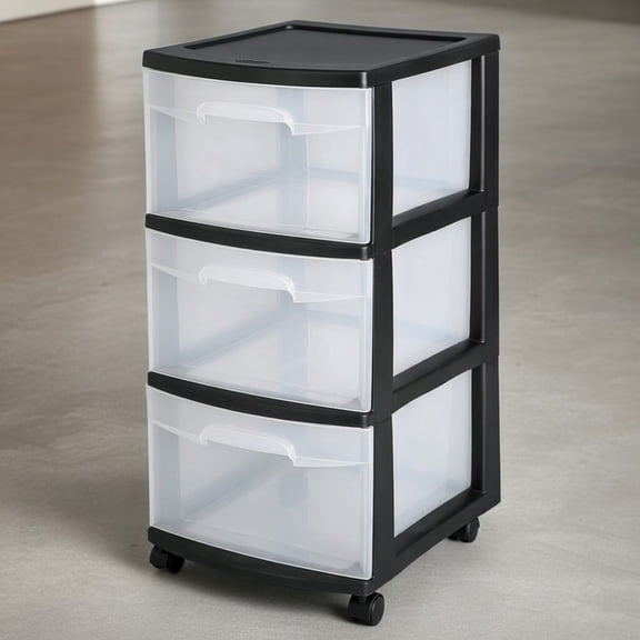 3-Drawer Clear Plastic Storage Cart with Wheels - Black Frame Rolling Organizer for Home, Office, Bedroom, Bathroom