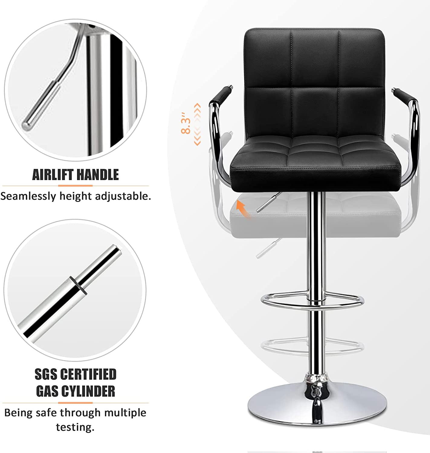 Soontrans Bar Stools Set of 2 Swivel Counter Height Stools with Arms and Back, Adjustable Island Chairs for Kitchen, Modern Barstools with Backrest and Armrest(Black, 2Pcs)