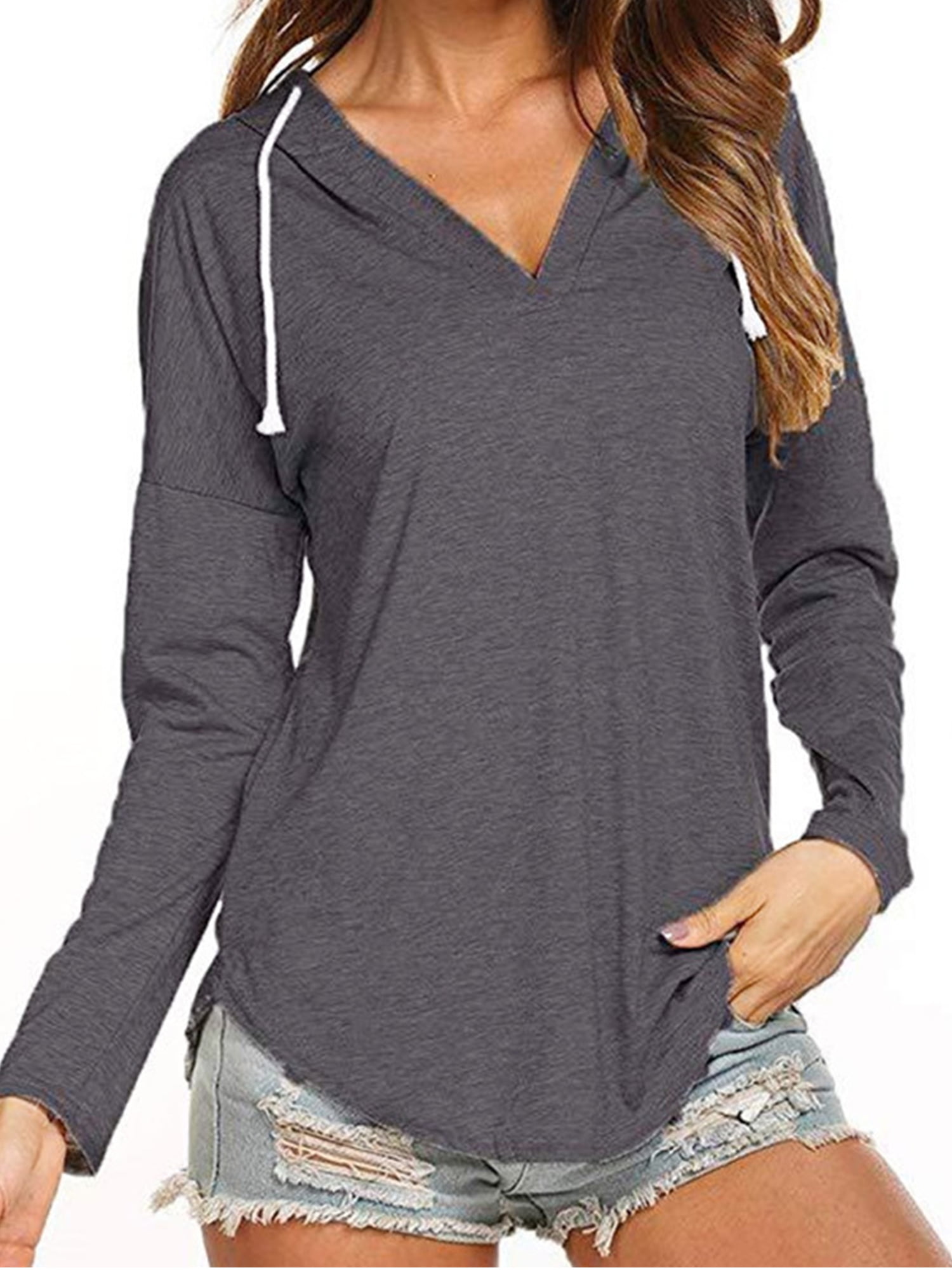 Women's Cotton Sweatshirt Solid Color Long Sleeve Tee Shirt Casual V Neck Pullovers Oversized Tops Trendy Sweatshirts 