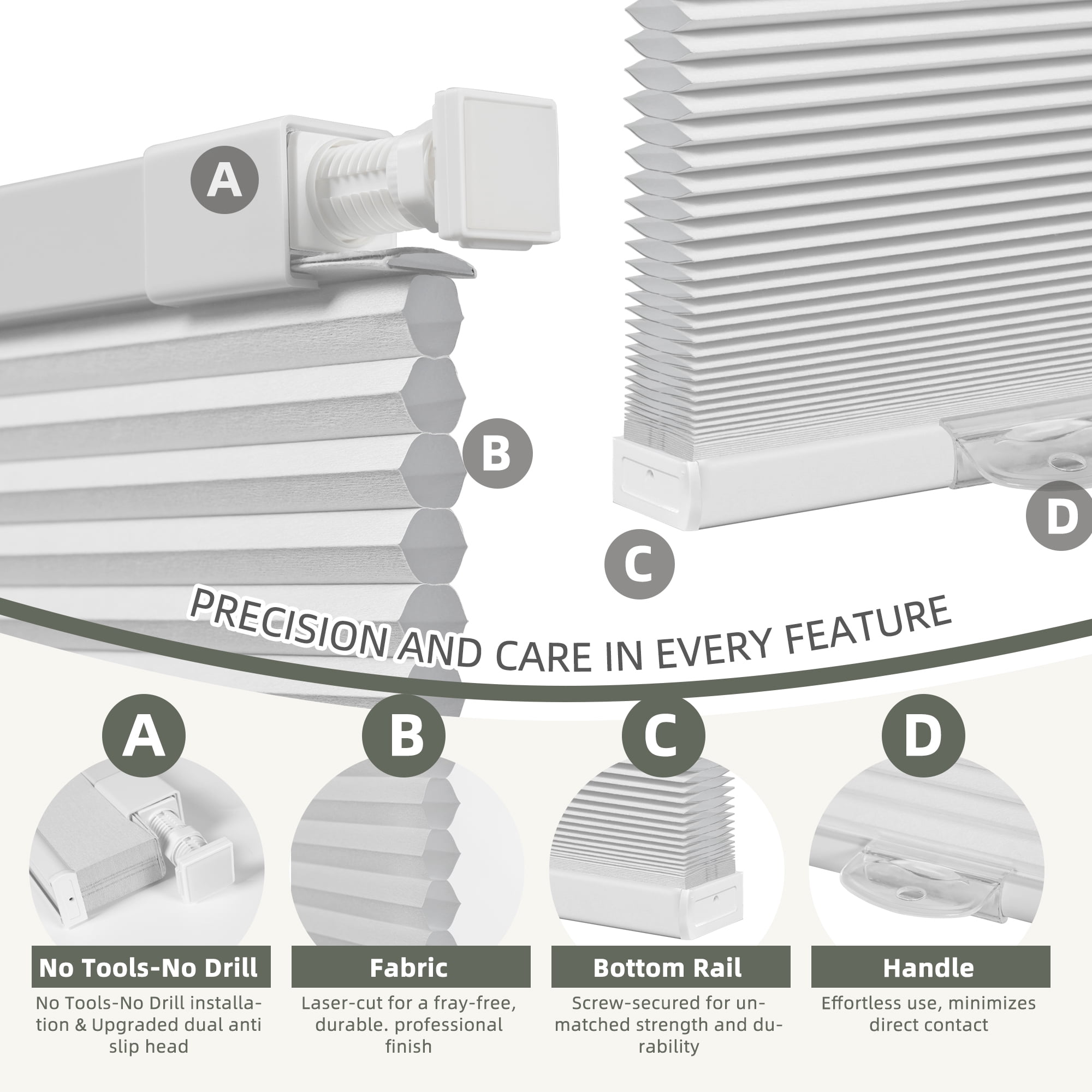 BERISSA Cordless No Drill No Tools Cellular Shades, Light Filtering Pull Down Window Blinds,White,34" W x 72" H